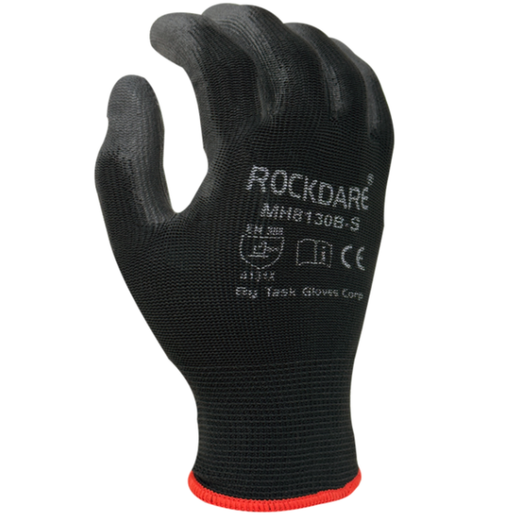 MH8130B-12PK : Rockdare 13 Gauge Black Polyester shell, Black Polyurethane palm coated, 12-Pack