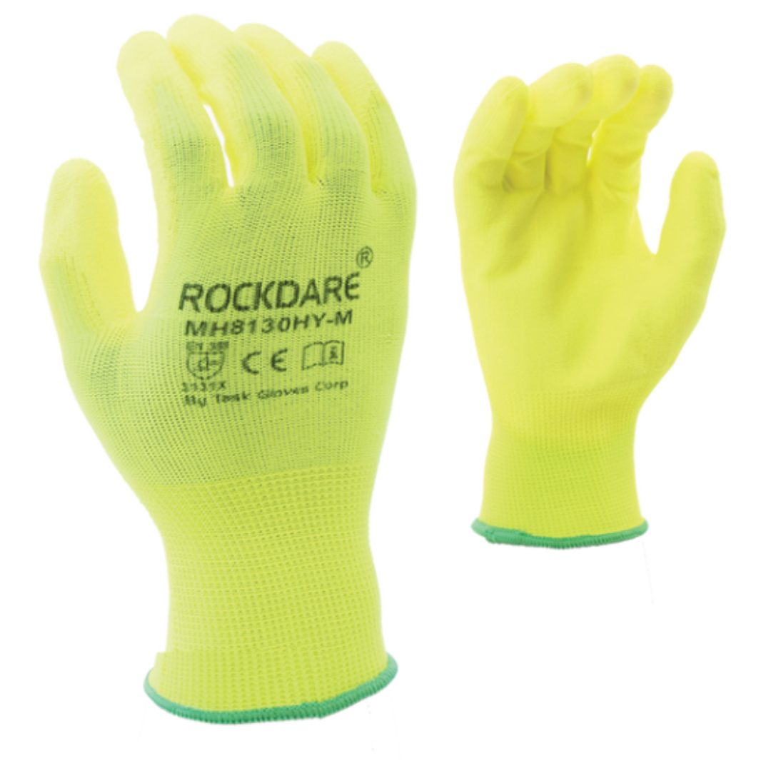 MH8130HY : Rockdare 13 Gauge Hi-Vis Yellow Polyester shell, Yellow Polyurethane palm coated, 12-Pack