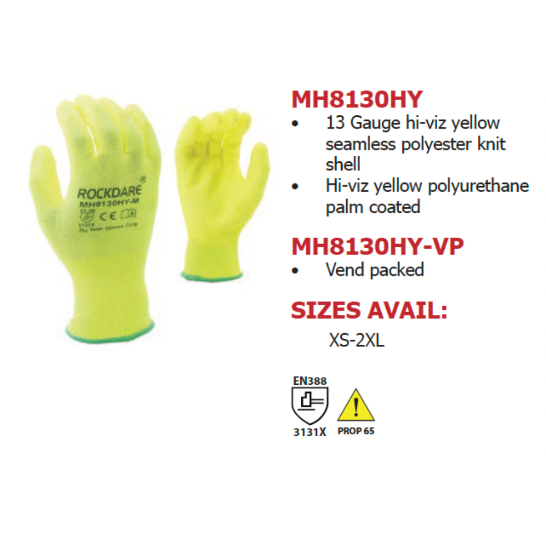 MH8130HY : Rockdare 13 Gauge Hi-Vis Yellow Polyester shell, Yellow Polyurethane palm coated, 12-Pack