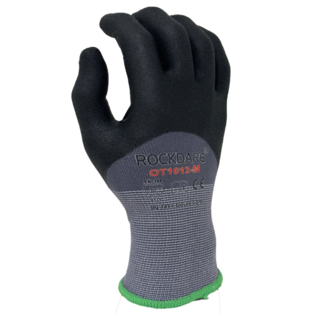 OT1012-12PK : Rockdare 15 Gauge Gray Nylon shell, Black Micro-Foam Nitrile 3/4 coated, Touchscreen compatible, FDA 21 CFR 177.1520 compliant, 12-Pack