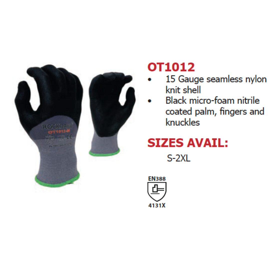 OT1012-12PK : Rockdare 15 Gauge Gray Nylon shell, Black Micro-Foam Nitrile 3/4 coated, Touchscreen compatible, FDA 21 CFR 177.1520 compliant, 12-Pack