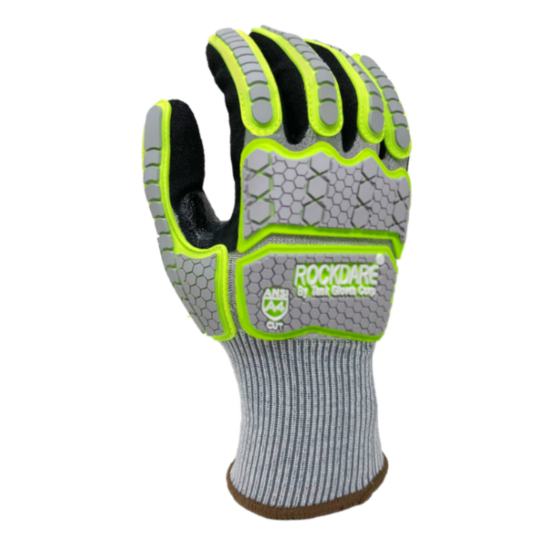 RD1022-12PK : RockDare Black RevoTek palm coated, Reinforced Thumb Saddle, Gray/Green TPR back, 15 Gauge Gray HDPE+Glass Fiber+Stainless Steel shell, ANSI Cut A4, 12-Pack