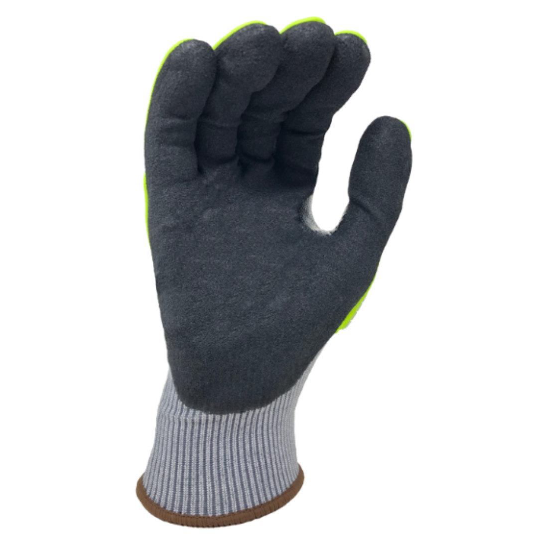 RD1022-12PK : RockDare Black RevoTek palm coated, Reinforced Thumb Saddle, Gray/Green TPR back, 15 Gauge Gray HDPE+Glass Fiber+Stainless Steel shell, ANSI Cut A4, 12-Pack