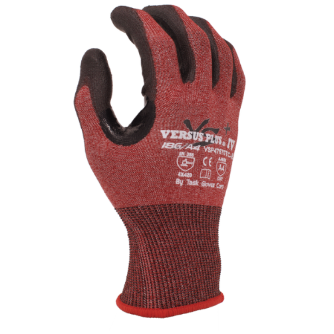 VSP47670TC-12PK : Versus Plus® 18 Gauge Red Falstone Fiber shell, Black Polyurethane Palm coated, Reinforced Nitrile Thumb Saddle, ANSI Cut A4, Touchscreen compatible, 12-Pack