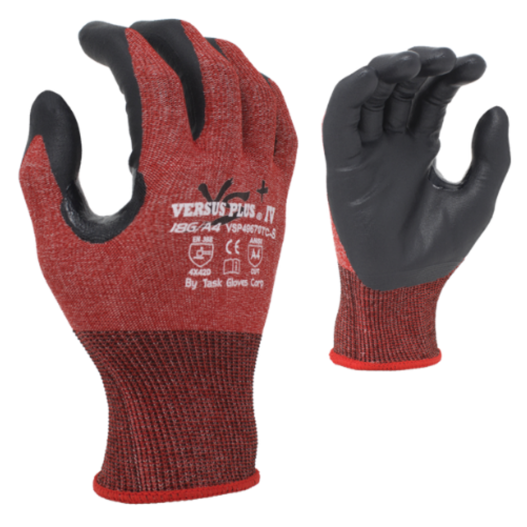 VSP49670TC-12PK : Versus Plus 18 Gauge Red Falstone Fiber shell, Black Soft-Foam Nitrile Palm coated, Reinforced Thumb Saddle, ANSI Cut A4, Touchscreen compatible, 12-Pack