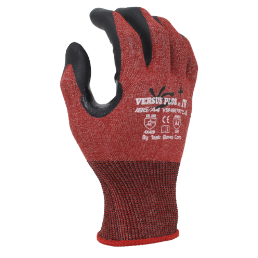 VSP49670TC-12PK : Versus Plus 18 Gauge Red Falstone Fiber shell, Black Soft-Foam Nitrile Palm coated, Reinforced Thumb Saddle, ANSI Cut A4, Touchscreen compatible, 12-Pack