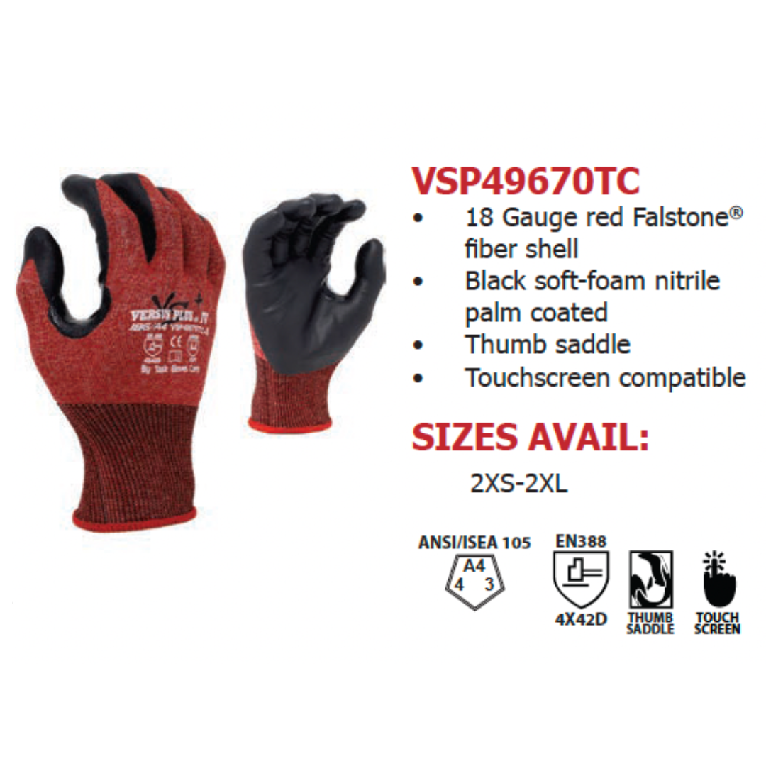 VSP49670TC-12PK : Versus Plus 18 Gauge Red Falstone Fiber shell, Black Soft-Foam Nitrile Palm coated, Reinforced Thumb Saddle, ANSI Cut A4, Touchscreen compatible, 12-Pack