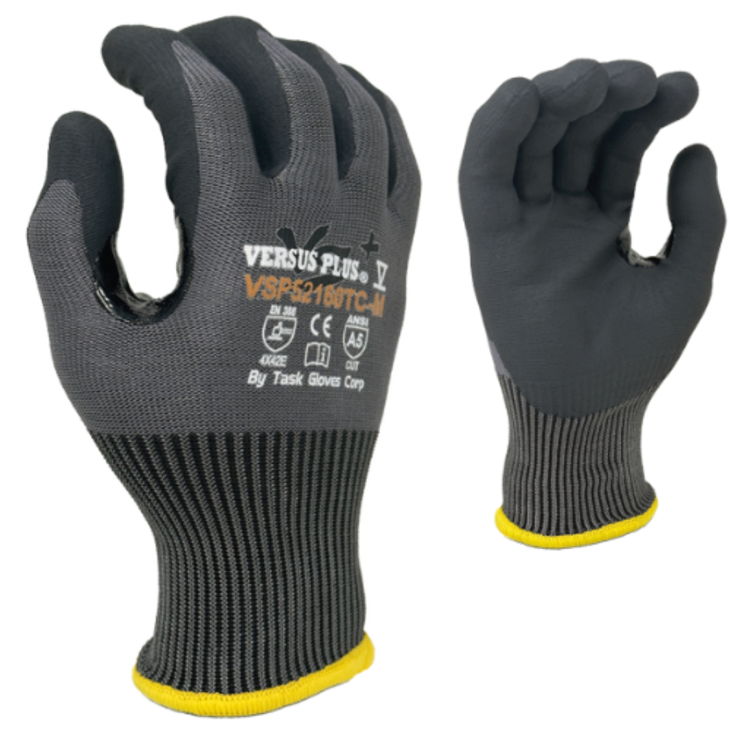 VSP52160TC-12PK : Versus Plus 15 Gauge Gray Turnbull and R-PET, Black Micro-Foam Nitrile Palm coated, Reinforced Thumb Saddle, ANSI Cut A5, Touchscreen compatible, 12-Pack