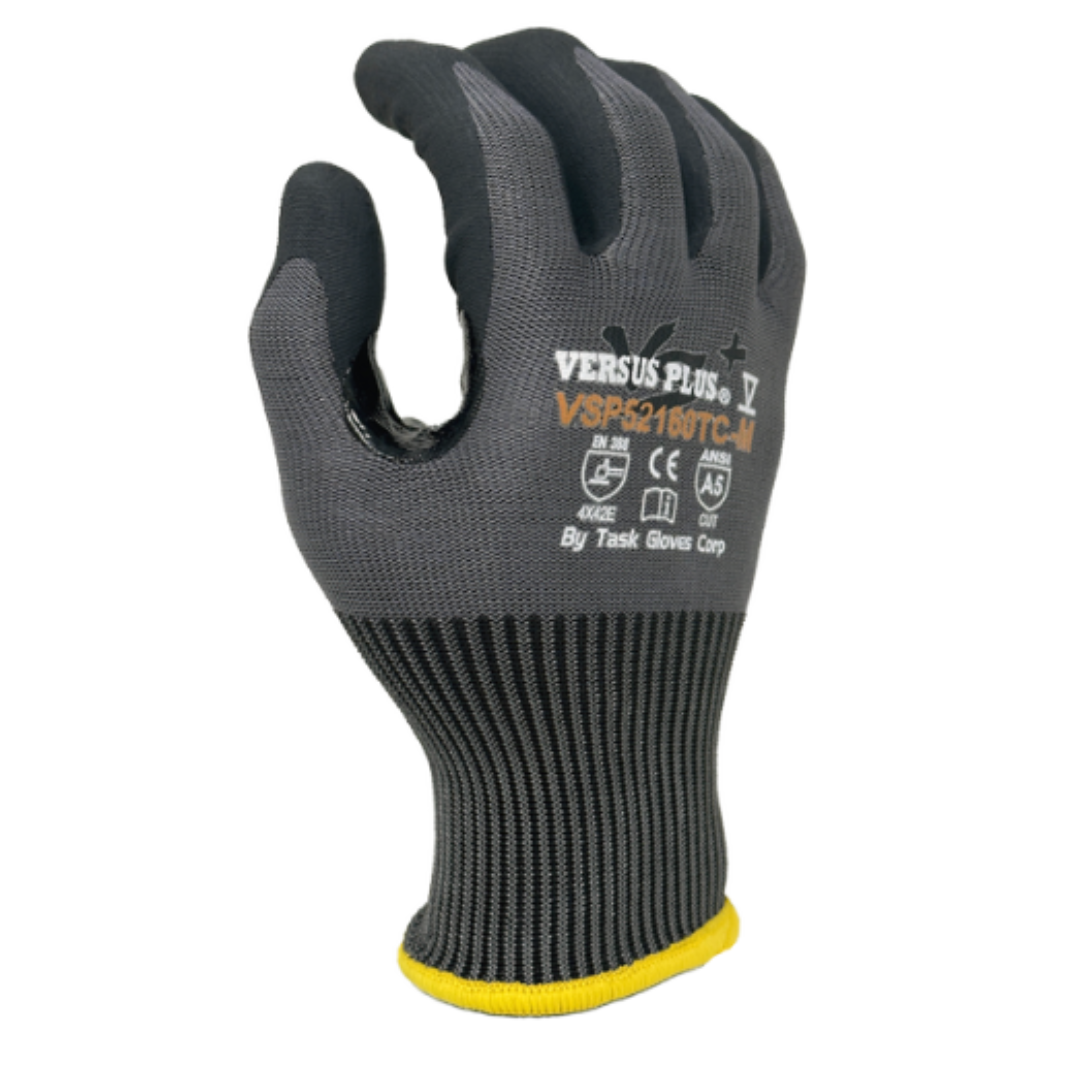 VSP52160TC-12PK : Versus Plus 15 Gauge Gray Turnbull and R-PET, Black Micro-Foam Nitrile Palm coated, Reinforced Thumb Saddle, ANSI Cut A5, Touchscreen compatible, 12-Pack