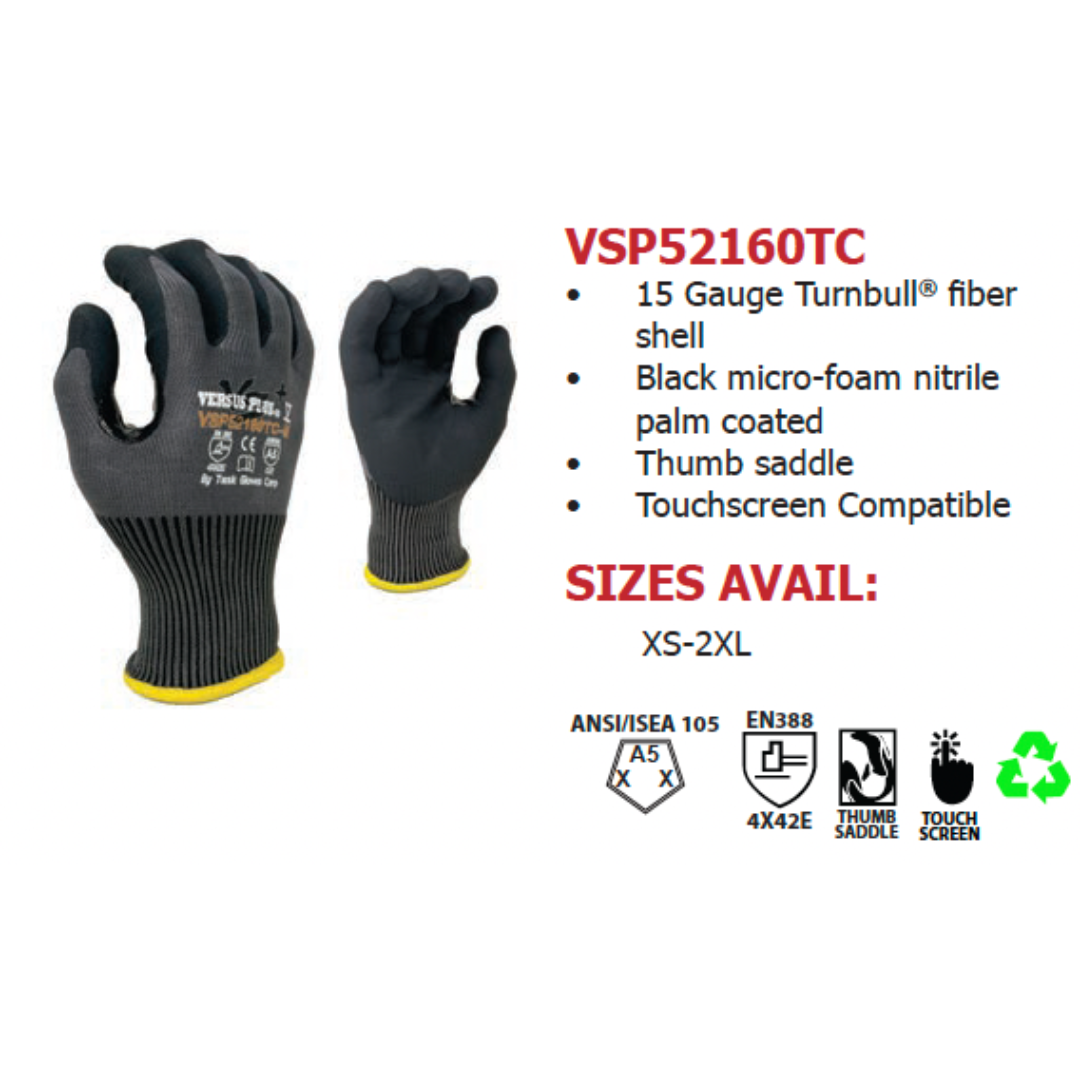 VSP52160TC-12PK : Versus Plus 15 Gauge Gray Turnbull and R-PET, Black Micro-Foam Nitrile Palm coated, Reinforced Thumb Saddle, ANSI Cut A5, Touchscreen compatible, 12-Pack
