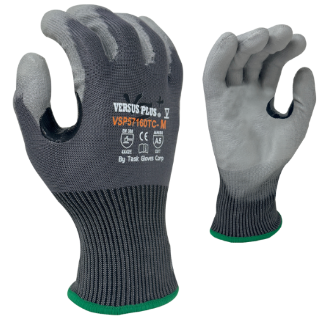 VSP57160TC-12PK : Versus Plus 15 Gauge Gray Turnbull yarn and R-PET, Gray Polyurethane Palm coated, Reinforced Thumb Saddle, ANSI Cut A5, Touchscreen compatible, 12-Pack