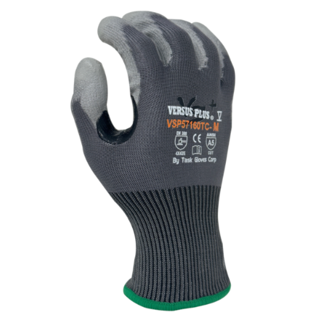 VSP57160TC-12PK : Versus Plus 15 Gauge Gray Turnbull yarn and R-PET, Gray Polyurethane Palm coated, Reinforced Thumb Saddle, ANSI Cut A5, Touchscreen compatible, 12-Pack