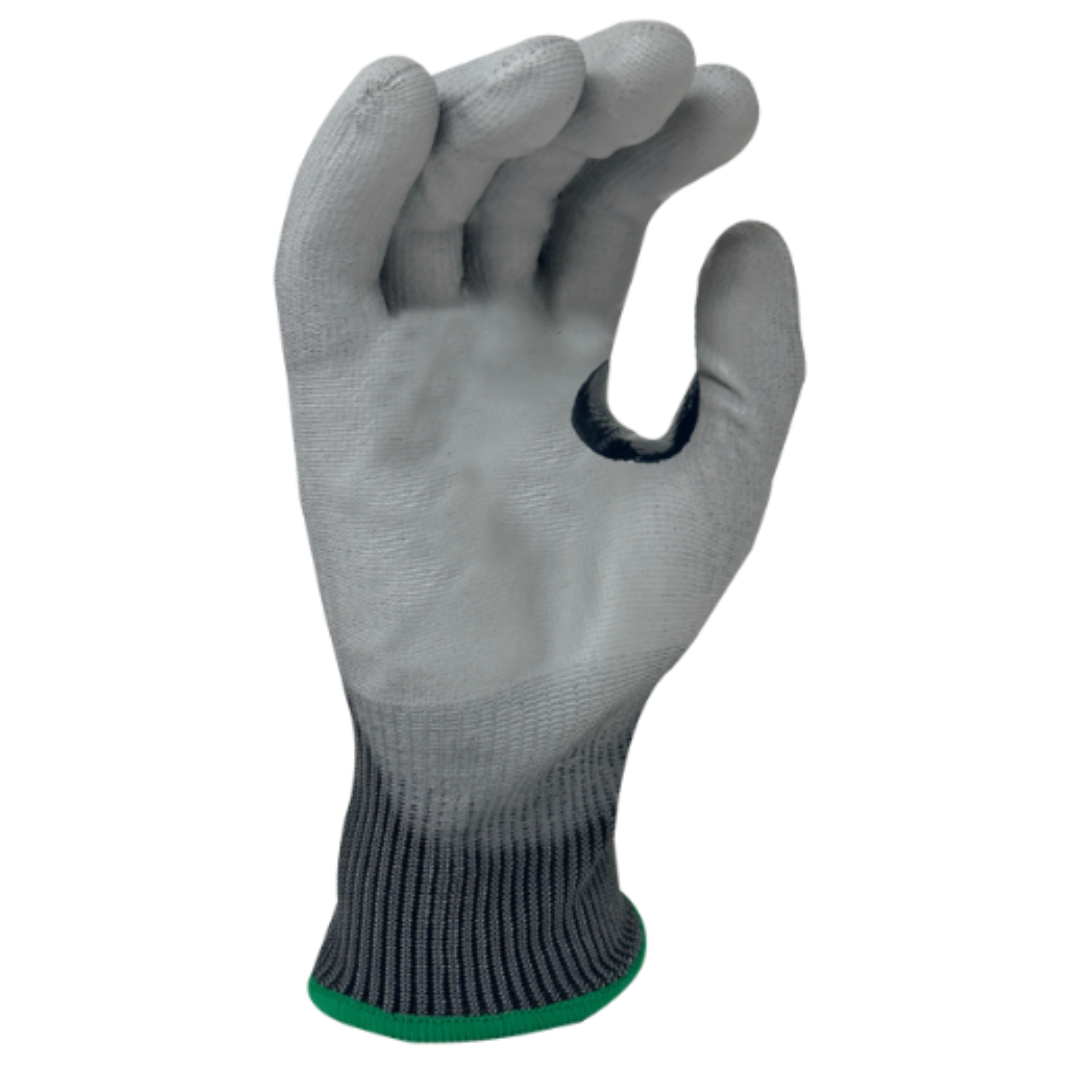 VSP57160TC-12PK : Versus Plus 15 Gauge Gray Turnbull yarn and R-PET, Gray Polyurethane Palm coated, Reinforced Thumb Saddle, ANSI Cut A5, Touchscreen compatible, 12-Pack