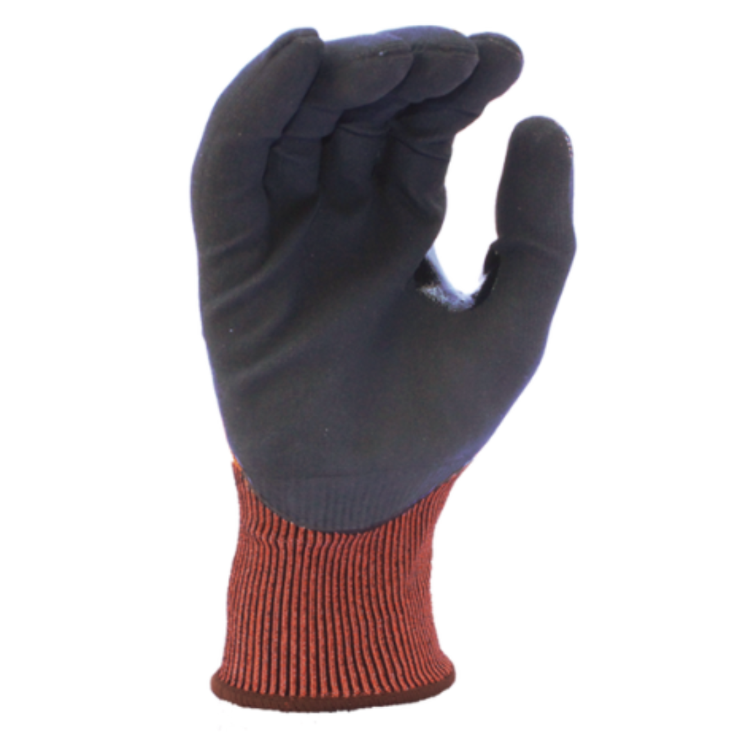 VSP72670HO-12PK : Versus Plus 18 Gauge Hi-Vis Orange Falstone Fiber shell, Black Micro-Foam Nitrile coated palm and fingers, Reinforced Thumb Saddle, Touchscreen compatible, ANSI Cut A7, 12-Pack