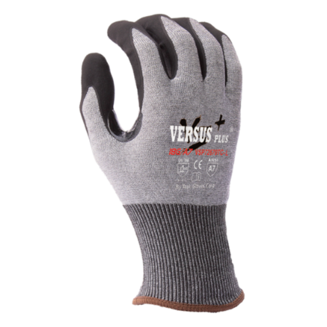 VSP72670TC-12PK : Versus Plus 18 Gauge Falstone Fiber shell, Black Micro-Foam Nitrile coated palm and fingers, Reinforced Thumb Saddle, Touchscreen compatible, ANSI Cut A7, 12-Pack