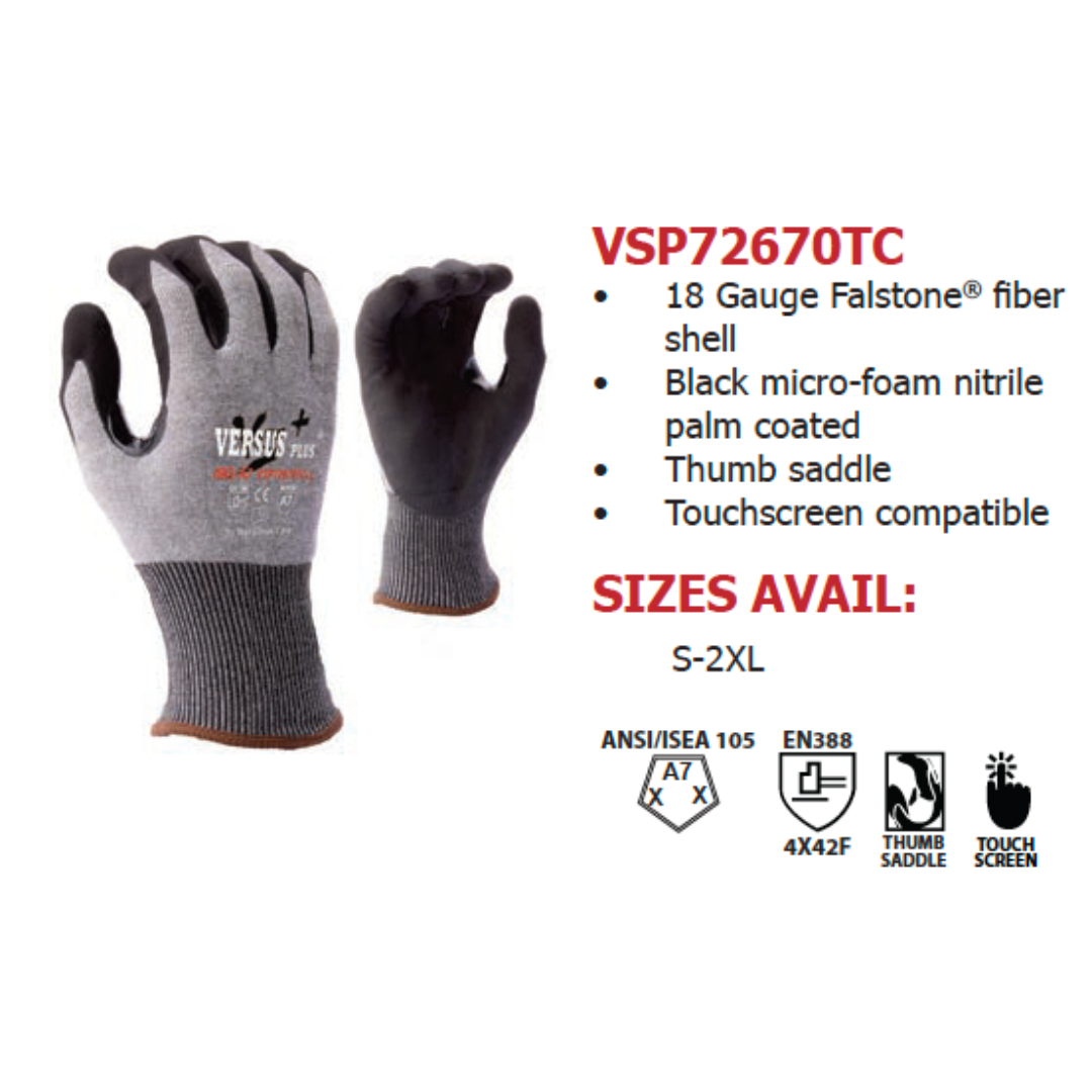 VSP72670TC-12PK : Versus Plus 18 Gauge Falstone Fiber shell, Black Micro-Foam Nitrile coated palm and fingers, Reinforced Thumb Saddle, Touchscreen compatible, ANSI Cut A7, 12-Pack