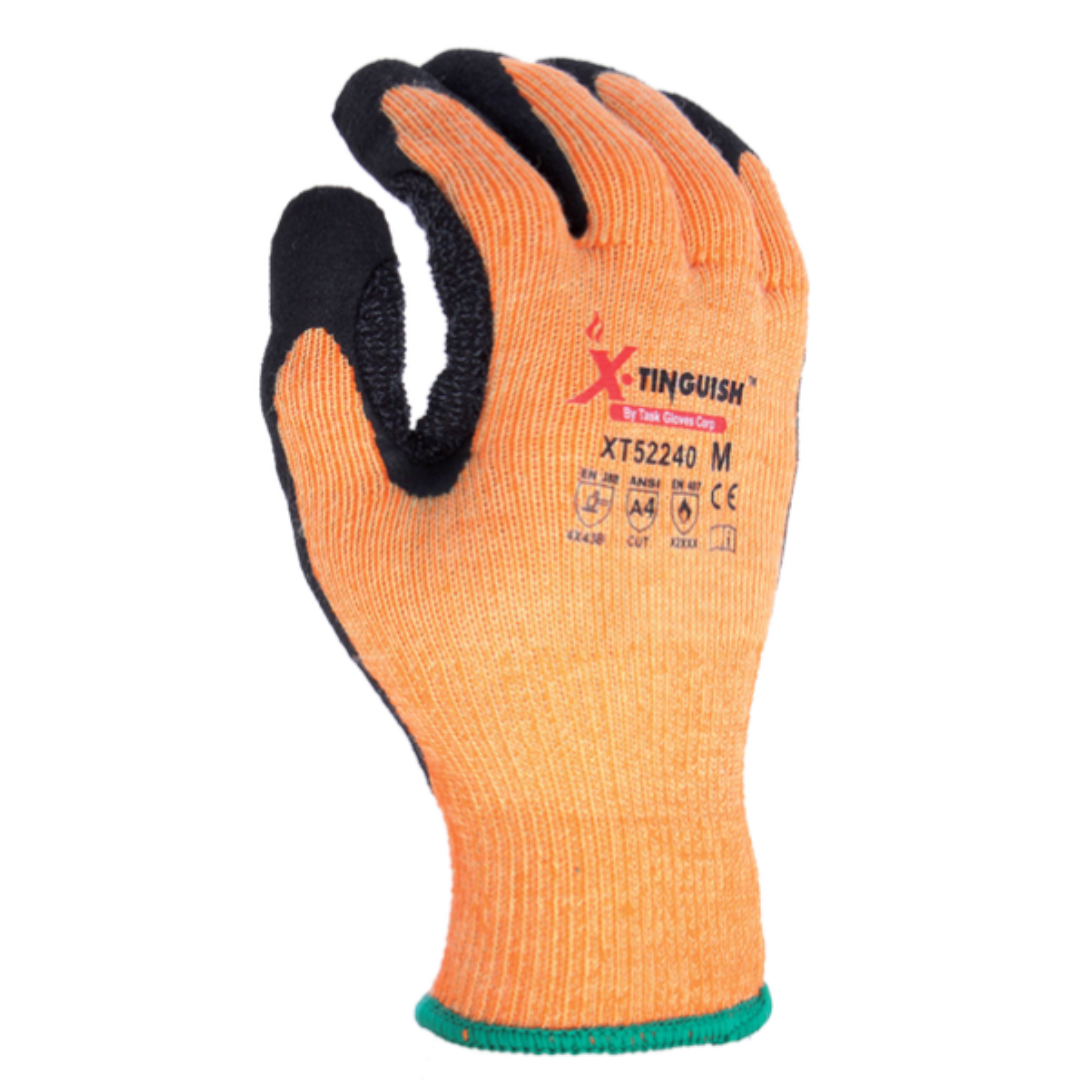 XT52240-12PK : XTinguish 10 Gauge Aramid shell, Polyester terry cloth inner lined, Black Sandy Nitrile palm coated with Nitrile dots, ANSI Cut A4, 12-Pack