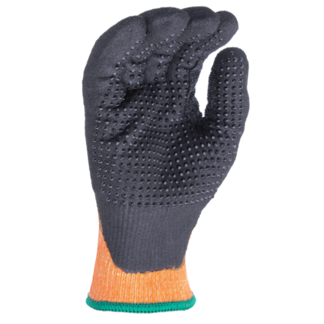 XT52240-12PK : XTinguish 10 Gauge Aramid shell, Polyester terry cloth inner lined, Black Sandy Nitrile palm coated with Nitrile dots, ANSI Cut A4, 12-Pack