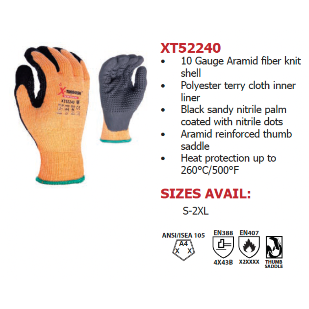 XT52240-12PK : XTinguish 10 Gauge Aramid shell, Polyester terry cloth inner lined, Black Sandy Nitrile palm coated with Nitrile dots, ANSI Cut A4, 12-Pack