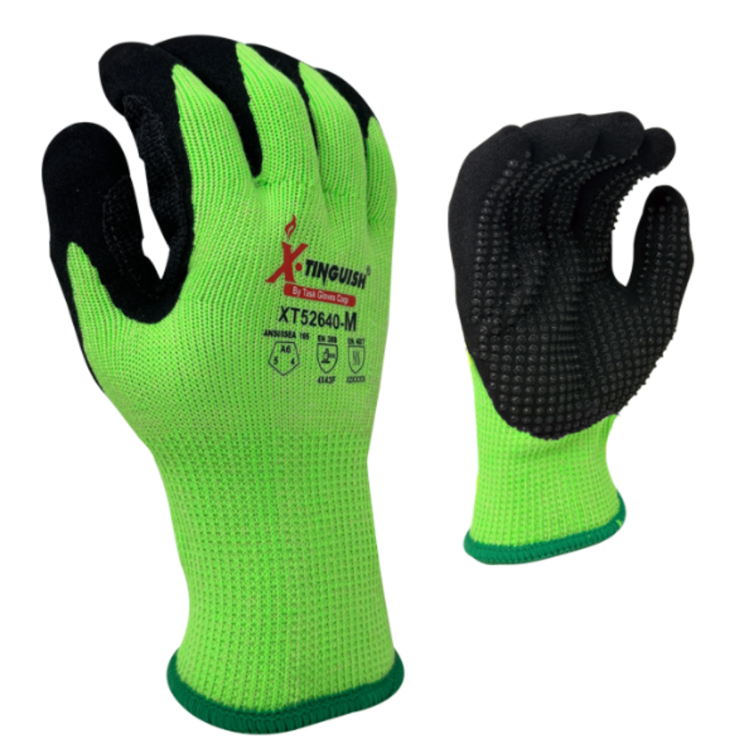 XT52640TC-12PK : XTinguish 10 Gauge Aramid and Stainless Steel shell, Polyester terry cloth inner lined, Black Sandy-Foam Nitrile palm coated with Nitrile dots, ANSI Cut A6, Touchscreen compatible, 12-Pack