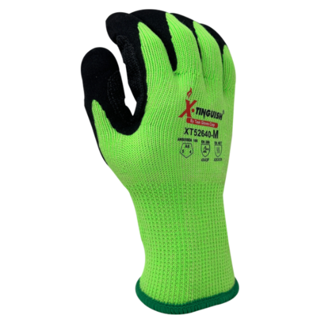 XT52640TC-12PK : XTinguish 10 Gauge Aramid and Stainless Steel shell, Polyester terry cloth inner lined, Black Sandy-Foam Nitrile palm coated with Nitrile dots, ANSI Cut A6, Touchscreen compatible, 12-Pack