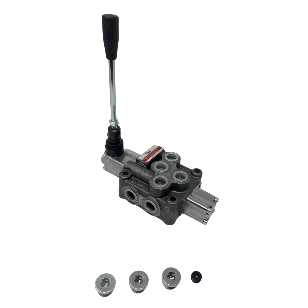 MB-3/1S-3/18L/E-8 : Youli Monoblock Directional Control Valve, 1-Section, 12GPM, 4600psi, with Direct Adjustable 900 to 2900psi Relief, Double Acting, 3-Positions, A&B Blocked, SAE #8 Ports, Spring Center, Lever Handle, Open Center