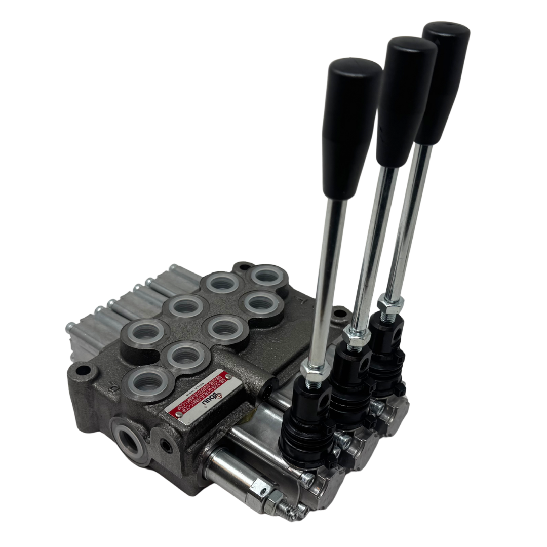 MB-3/3S-3/18L/E-8 : Youli Monoblock Directional Control Valve, 3-Section, 12GPM, 4600psi, with Direct Adjustable 900 to 2900psi Relief, Double Acting, 3-Positions, A&B Blocked, SAE #8 Ports, Spring Center, Lever Handle, Open Center