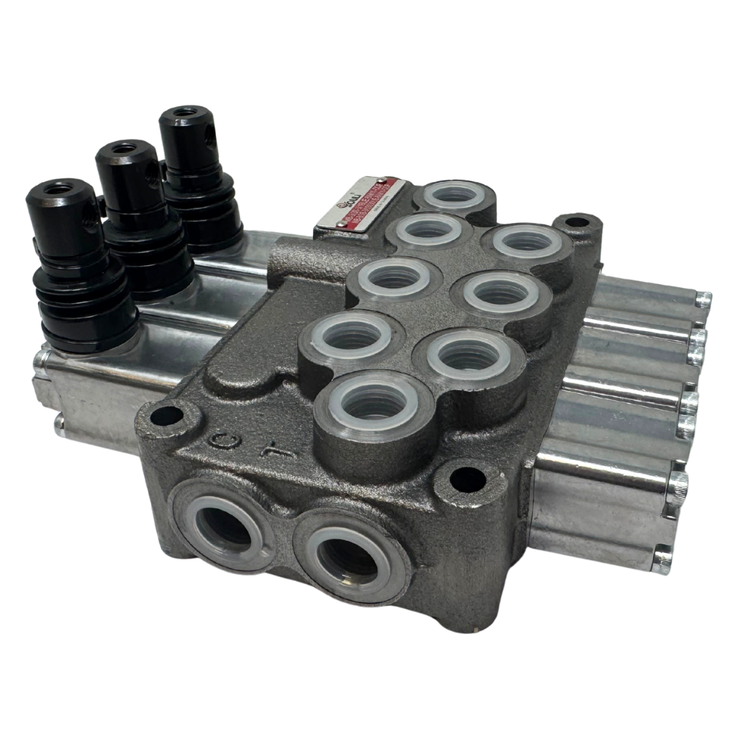 MB-3/3S-3/18L/E-8 : Youli Monoblock Directional Control Valve, 3-Section, 12GPM, 4600psi, with Direct Adjustable 900 to 2900psi Relief, Double Acting, 3-Positions, A&B Blocked, SAE #8 Ports, Spring Center, Lever Handle, Open Center