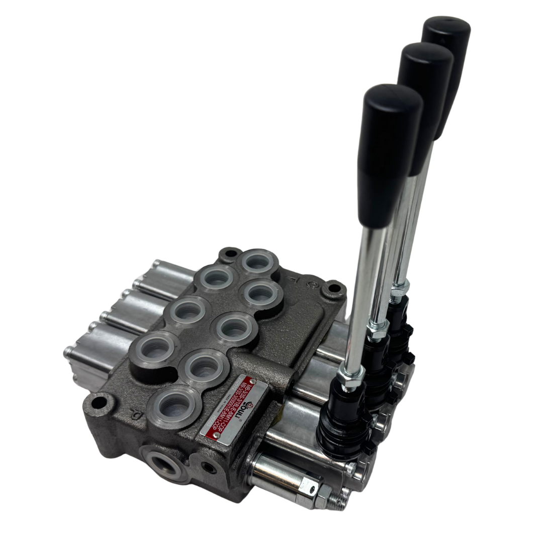 MB-3/3S-3/18L/E-8 : Youli Monoblock Directional Control Valve, 3-Section, 12GPM, 4600psi, with Direct Adjustable 900 to 2900psi Relief, Double Acting, 3-Positions, A&B Blocked, SAE #8 Ports, Spring Center, Lever Handle, Open Center