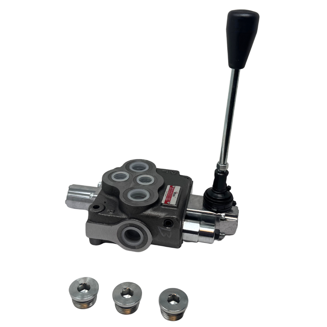 MB-5/1S-3/18L/E-12-10-12 : Youli Monoblock Directional Control Valve, 1-Section, 21GPM, 4600psi, with Direct Adjustable 1800 to 3600psi Relief, Double Acting, 3-Positions, A&B Blocked, SAE #12 Ports, Spring Center, Lever Handle, Open Center