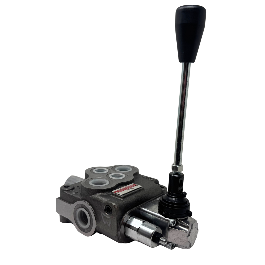 MB-5/1S-3/18L/E-12-10-12 : Youli Monoblock Directional Control Valve, 1-Section, 21GPM, 4600psi, with Direct Adjustable 1800 to 3600psi Relief, Double Acting, 3-Positions, A&B Blocked, SAE #12 Ports, Spring Center, Lever Handle, Open Center