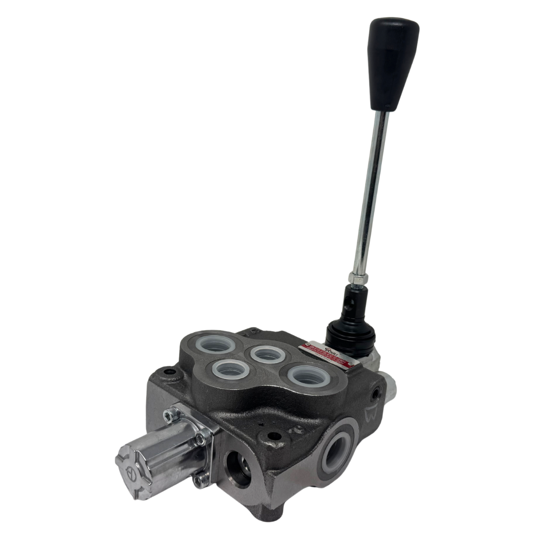 MB-5/1S-3/18L/E-12-10-12 : Youli Monoblock Directional Control Valve, 1-Section, 21GPM, 4600psi, with Direct Adjustable 1800 to 3600psi Relief, Double Acting, 3-Positions, A&B Blocked, SAE #12 Ports, Spring Center, Lever Handle, Open Center