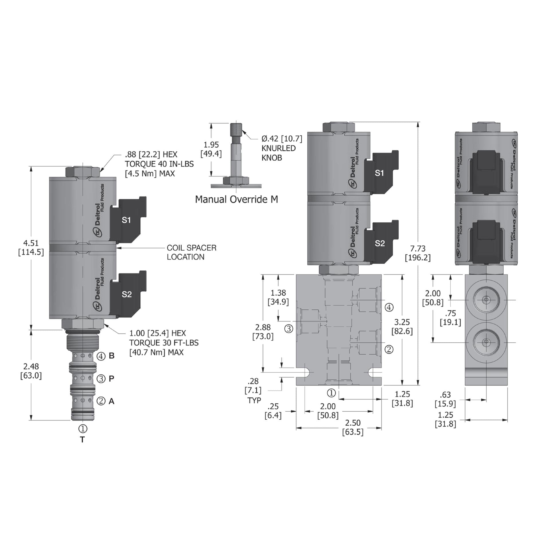 DSV-100-34O-N : Deltrol Solenoid Valve with NO COIL, 4-Way, 3-Position, Open Center Spool, C-10-4 Cavity, 3000psi, 3GPM