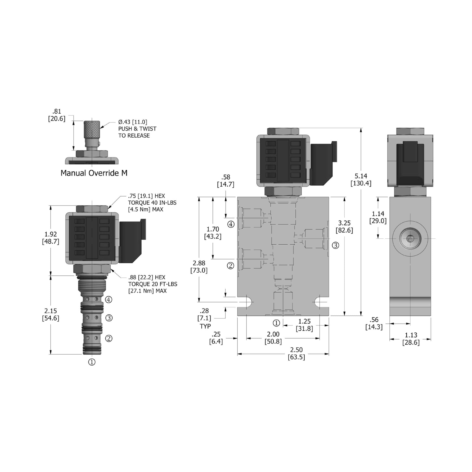 DSV2-080-4NO-N : Deltrol Solenoid Valve with NO COIL, 4-Way, 2-Position, Normally Open Spool, C-8-4 Cavity, 3000psi, 3GPM