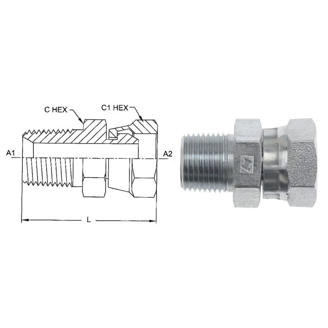 1404-16-16-SS : OneHydraulics Straight Adapter, 1 Male NPT x 1 Female NPT Swivel, Stainless Steel, 2400psi
