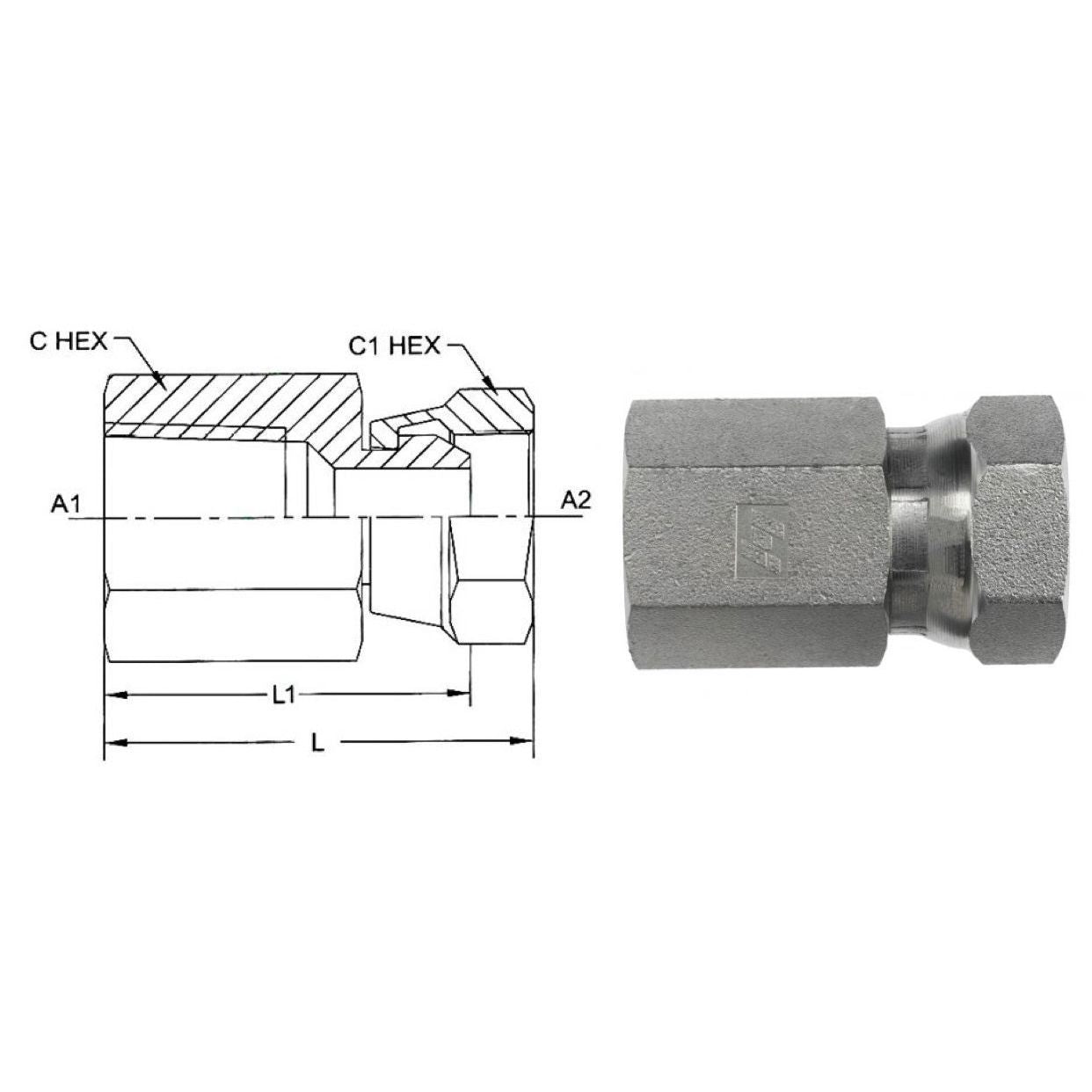 1405-16-16-SS : OneHydraulics Straight Adapter, 1 Female NPT x 1 Female NPT Swivel, Stainless Steel, 2400psi