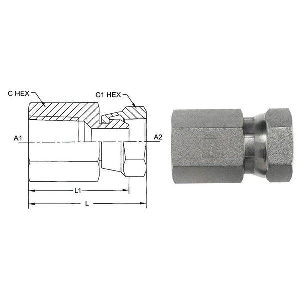 1405-24-24-SS : OneHydraulics Straight Adapter, 1.5 (1-1/2) Female NPT x 1.5 (1-1/2) Female NPT Swivel, Stainless Steel, 1500psi