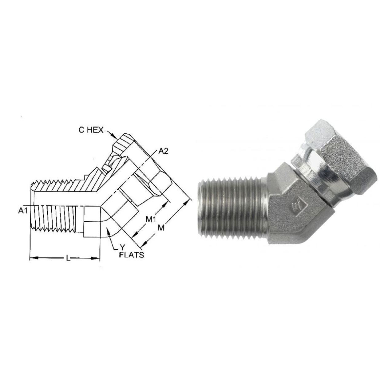 1503-04-04-SS : OneHydraulics 45-Degree Elbow, 0.25 (1/4) Male NPT x 0.25 (1/4) Female NPT Swivel, Stainless Steel, 6000psi