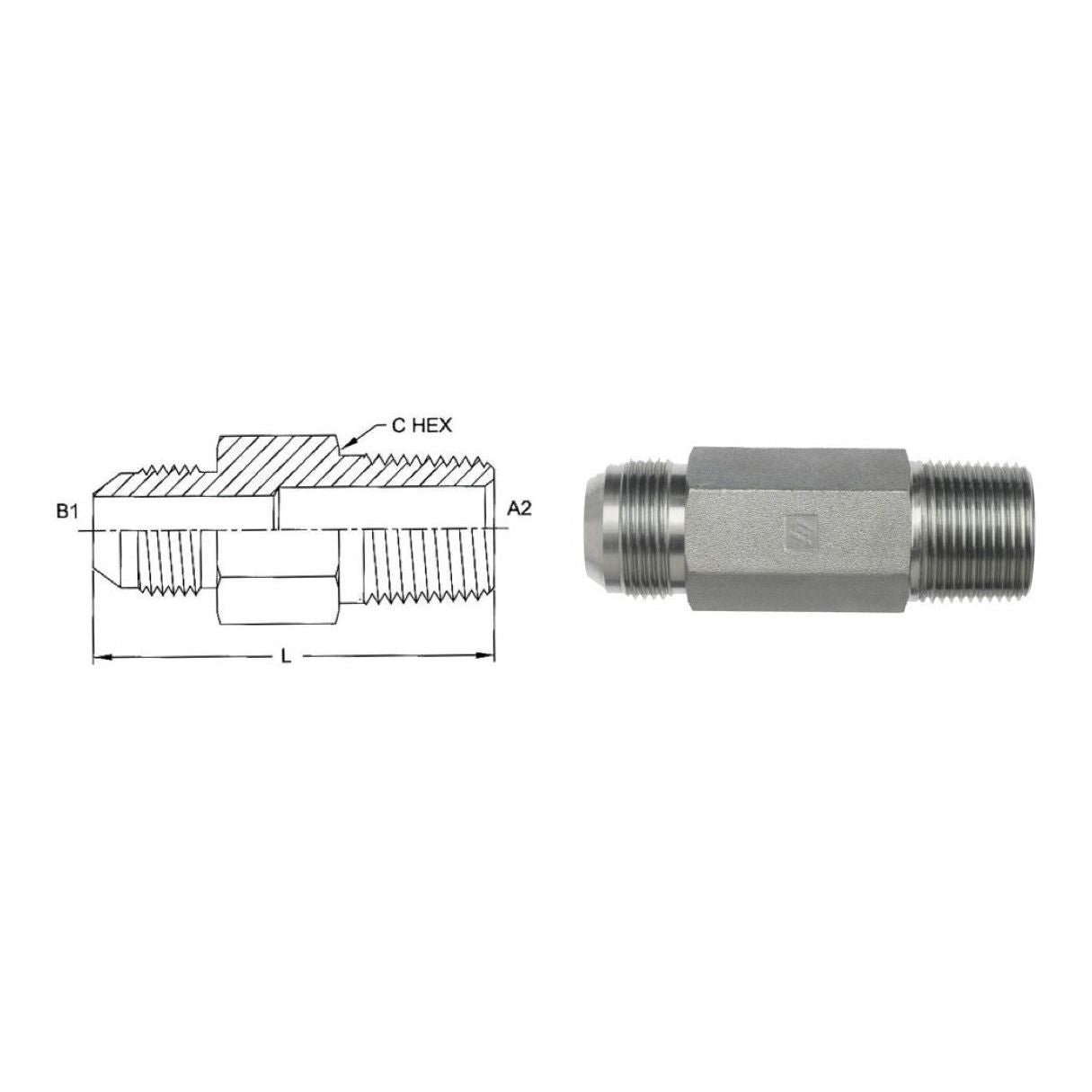 2404-L-08-08 : OneHydraulics Straight Long Adapter, 0.5 (1/2) Male JIC x 0.5 (1/2) Male NPT, Steel, 6000psi
