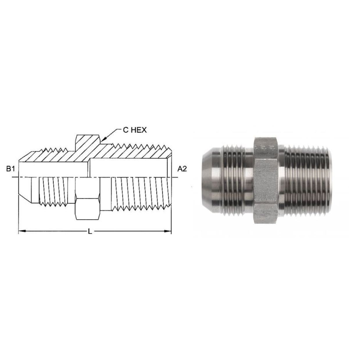 2404-08-08 : OneHydraulics Adapter, Straight, 0.5 (1/2") Male NPT x 0.5 (1/2") Male, Steel, 6000psi