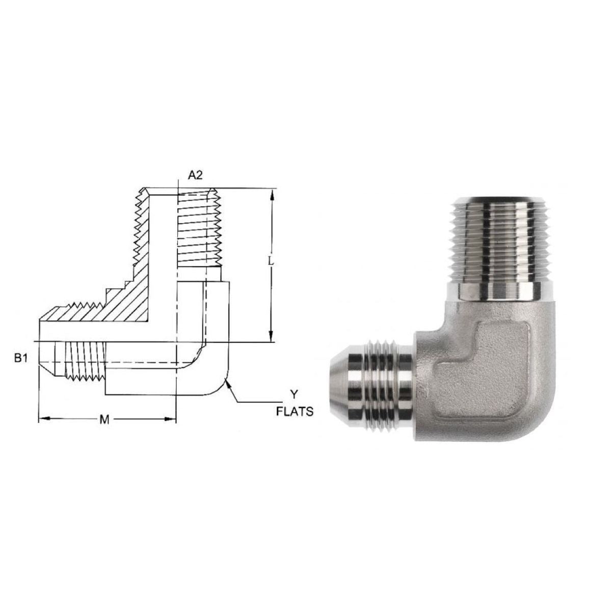 2501-16-16-SS : OneHydraulics 90-Degree Elbow, 1 Male JIC x 1 Male NPT, Stainless Steel, 4800psi
