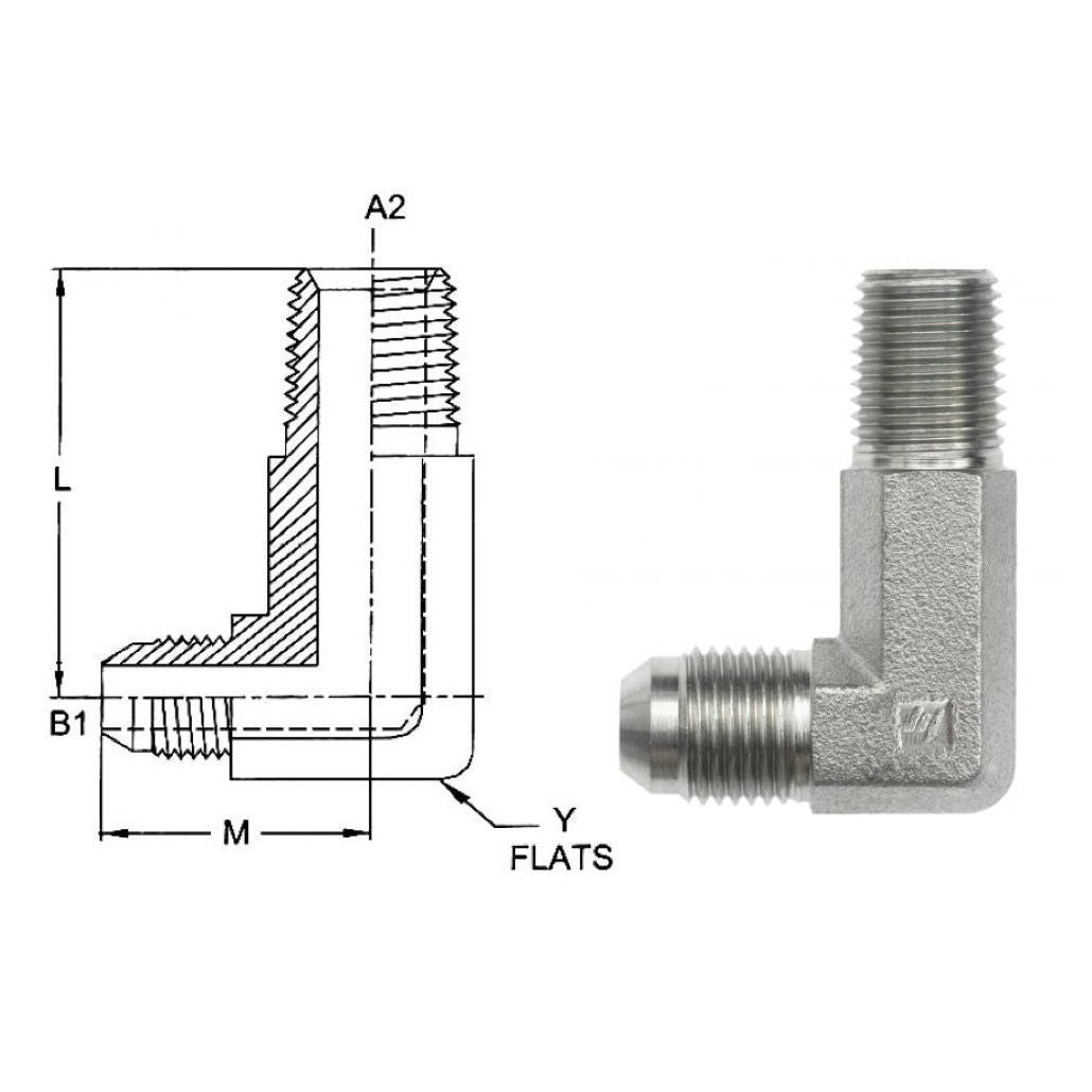 2501-L-04-02-SS : OneHydraulics 90-Degree Long Elbow, 0.25 (1/4) Male JIC x 0.125 (1/8) Male NPT, Stainless Steel, 7200psi