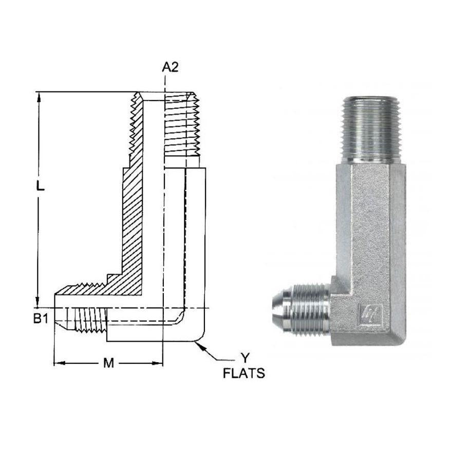 2501-LL-04-02-SS : OneHydraulics 90-Degree X-Long Elbow, 0.25 (1/4) Male JIC x 0.125 (1/8) Male NPT, Stainless Steel, 7200psi