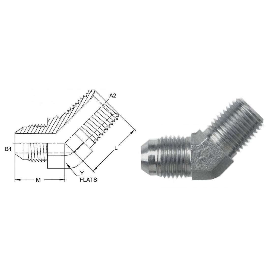 2503-03-02-SS : OneHydraulics 45-Degree Elbow, 0.1875 (3/16) Male JIC x 0.125 (1/8) Male NPT, Stainless Steel, 7200psi