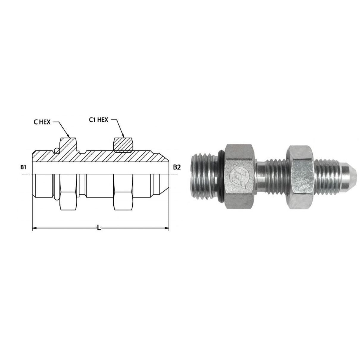 2764-LN-06-06-O : OneHydraulics Bulkhead Straight Adapter with Lock Nut, 0.375 (3/8) Male ORB x 0.375 (3/8) Male JIC, Steel