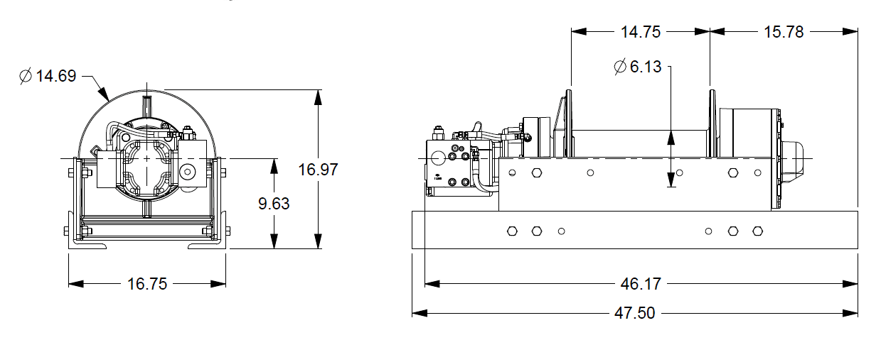 30BBX4L1F : DP Winch, 30,000lb Bare Drum Pull, 47.75" Base only, Air/Hyd Kickout, CCW, More than 25GPM Motor,  6.13" Barrel x 14.74" Length x 14.69" Flange