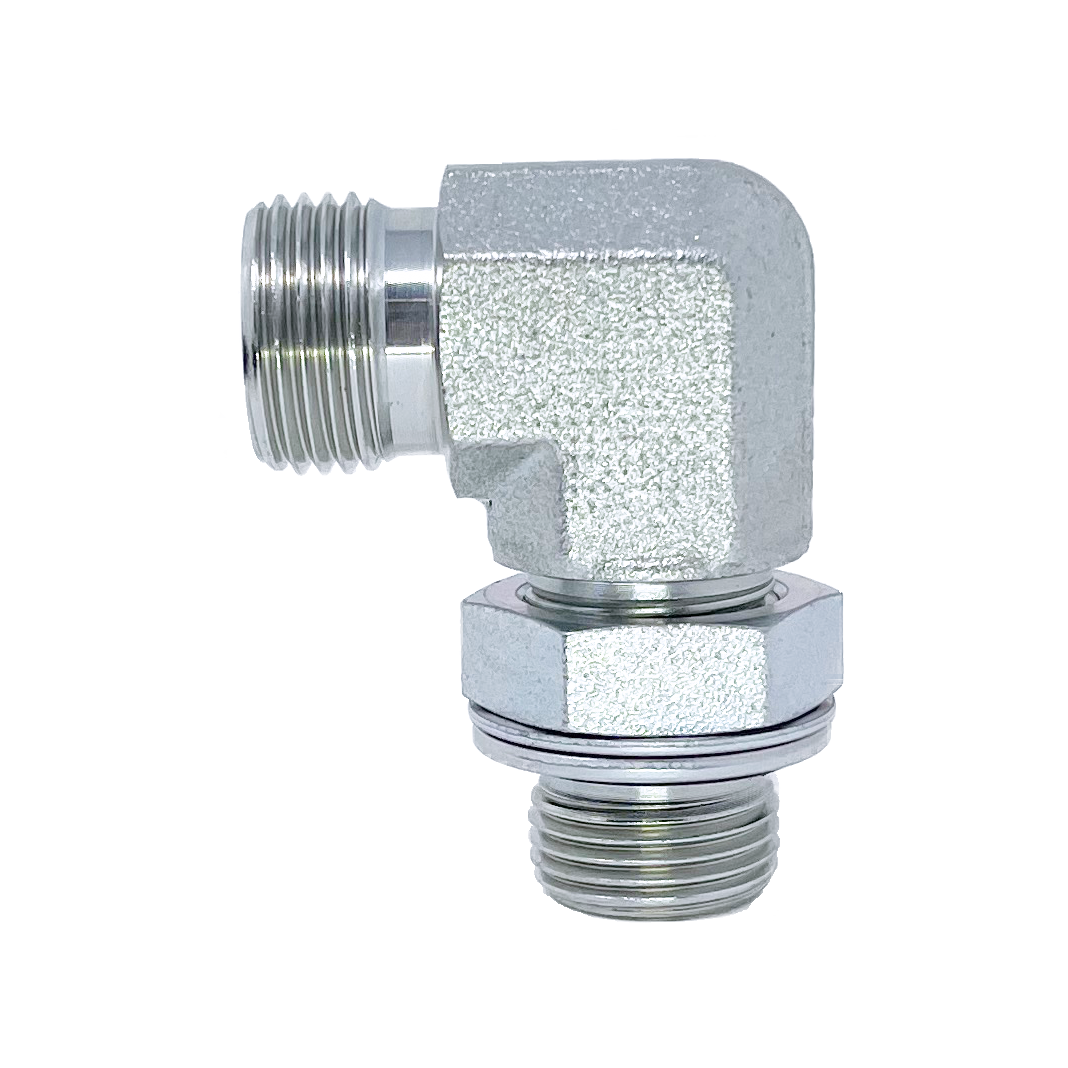 5059S-12-06 : Adaptall 90-Degree  Adapter, Male S12 DIN Tube x Male 0.375 (3/8") BSPP, Carbon Steel, Heavy Duty
