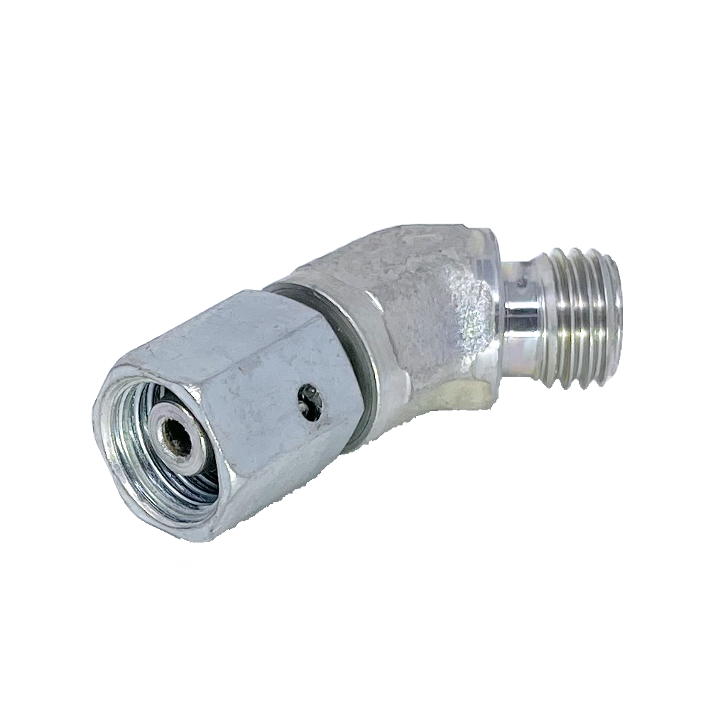 5362L-12C : Adaptall 45-Degree Adapter, Male L12 DIN Tube x Female L12 DIN Tube, Carbon Steel, Light Duty, includes Compressed Nut & Sleeve