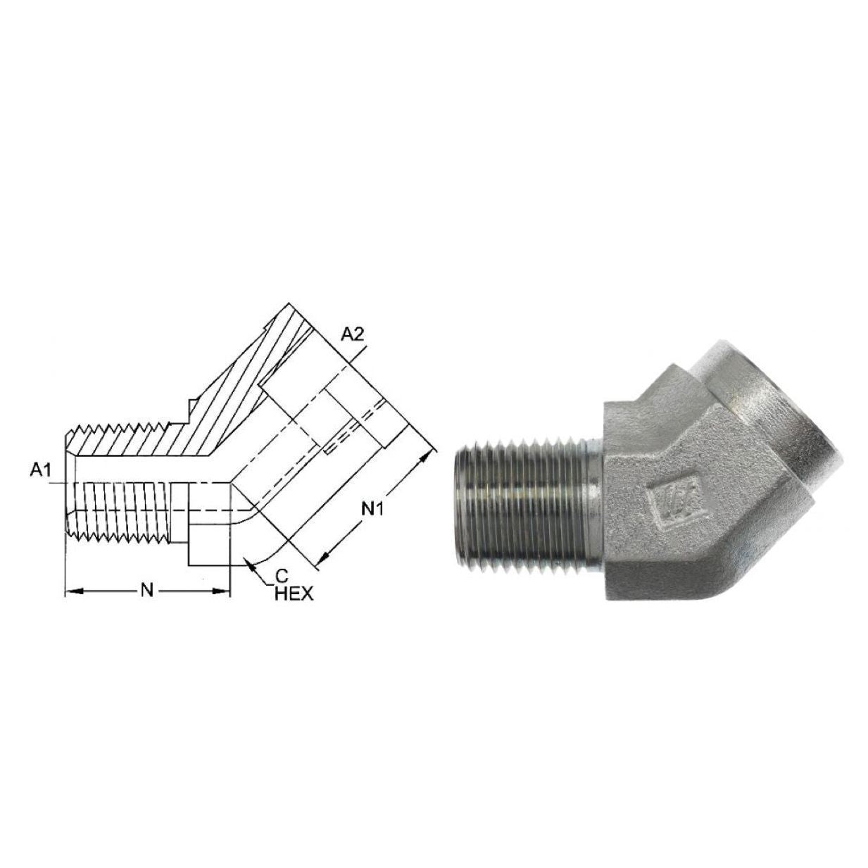 5503-12-12-SS : OneHydraulics 45-Degree Street Elbow, 0.75 (3/4) Male NPT x 0.75 (3/4) Female NPT, Stainless Steel, 4800psi