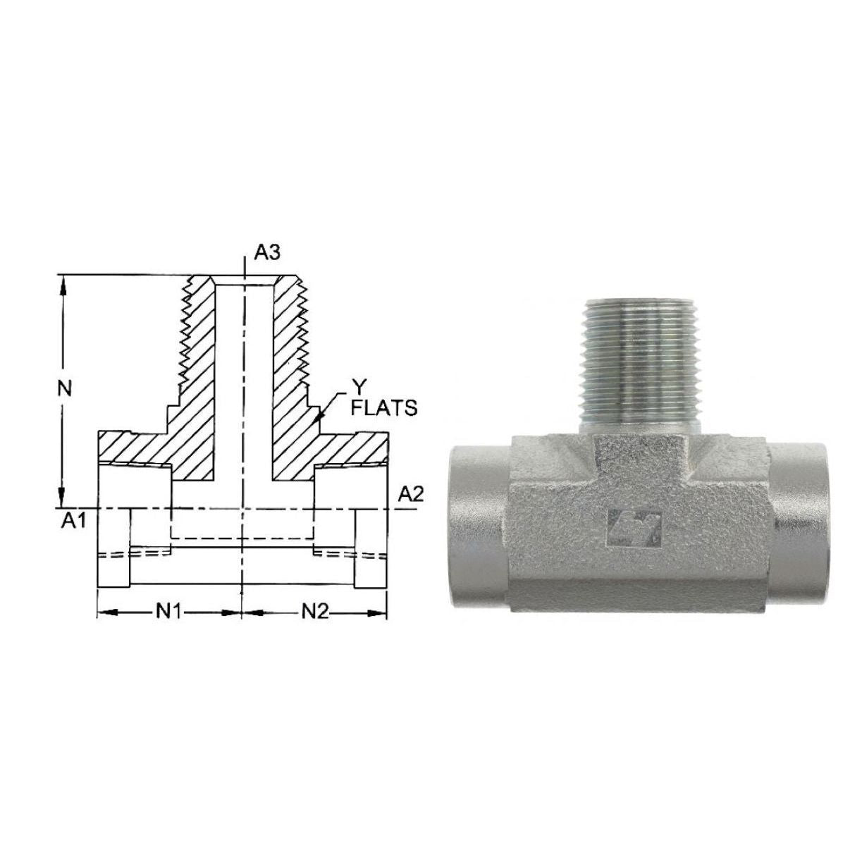 5604-08-08-08-SS : OneHydraulics Branch Tee, 0.5 (1/2) Female NPT x 0.5 (1/2) Female NPT x 0.5 (1/2) Male NPT, Stainless Steel, 6000psi